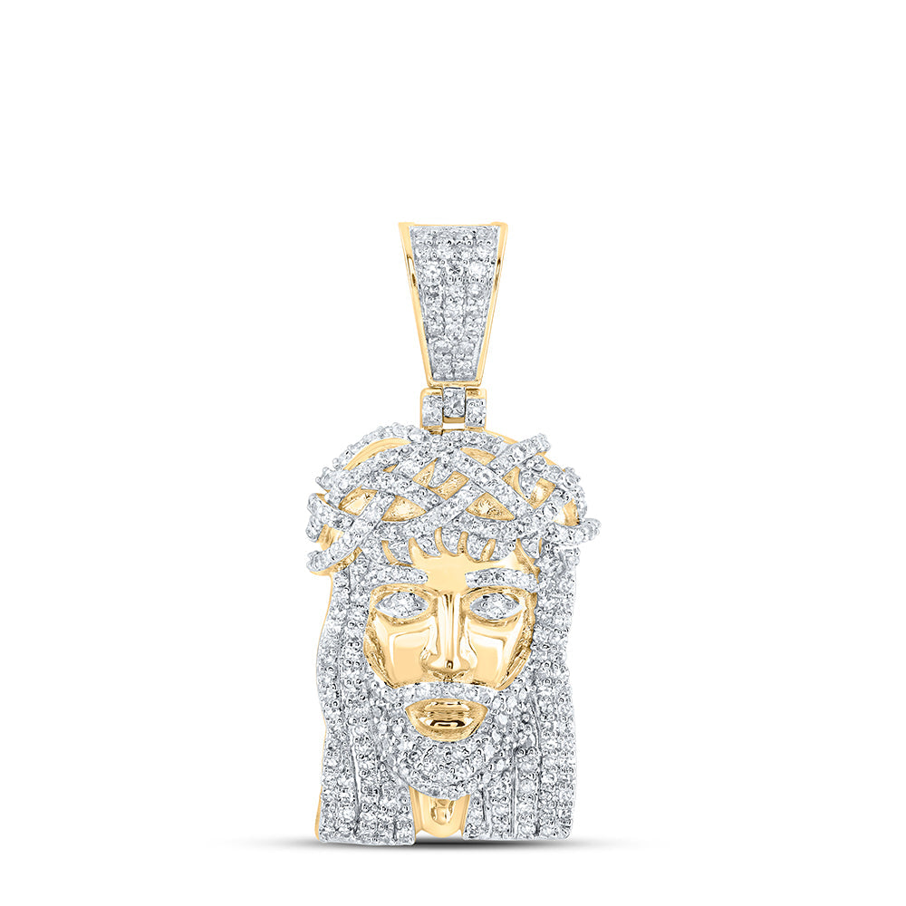 10kt Yellow Gold Mens Round Diamond Jesus Face Charm Pendant 1 Cttw