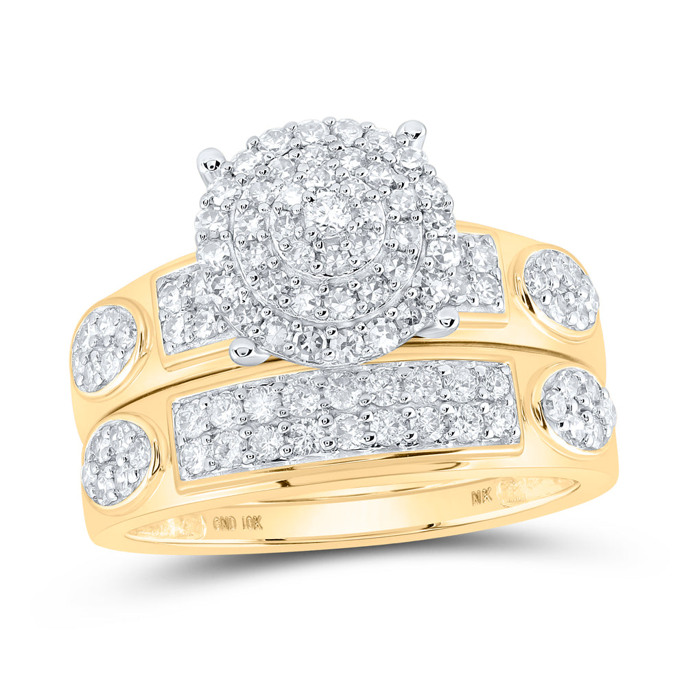 10kt Yellow Gold His Hers Round Diamond Cluster Matching Wedding Set 1-3/8 Cttw