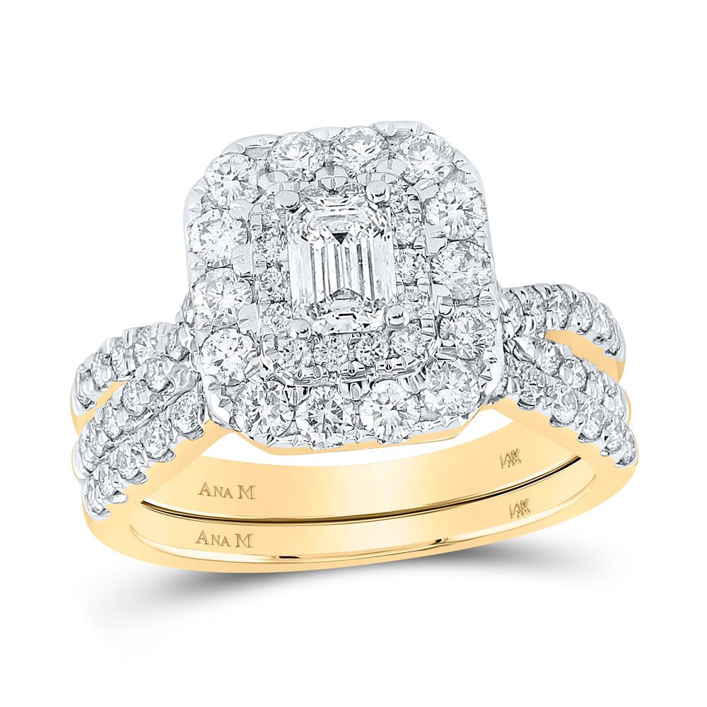 14kt Yellow Gold Emerald Diamond Halo Bridal Wedding Ring Band Set 2 Cttw