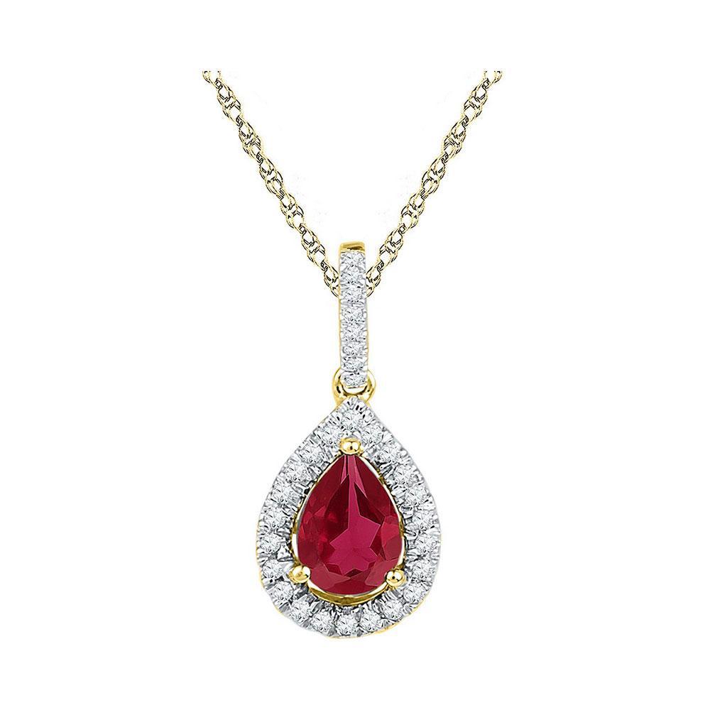 10kt Yellow Gold Womens Pear Synthetic Ruby Solitaire Diamond Frame Pendant 1-7/8 Cttw