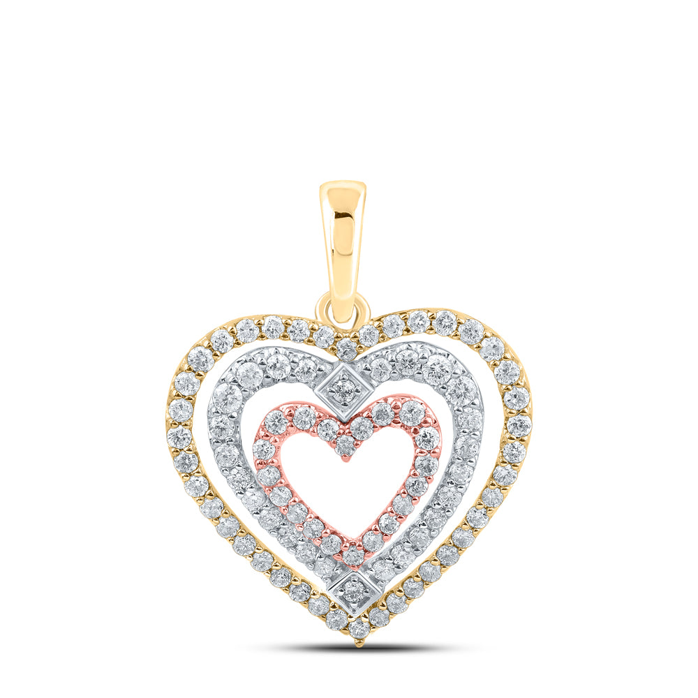 10kt Tri-Tone Gold Womens Round Diamond Nested Heart Pendant 1/2 Cttw