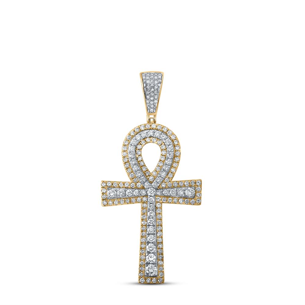 10kt Two-tone Gold Mens Round Diamond Ankh Cross Charm Pendant 2-1/4 Cttw