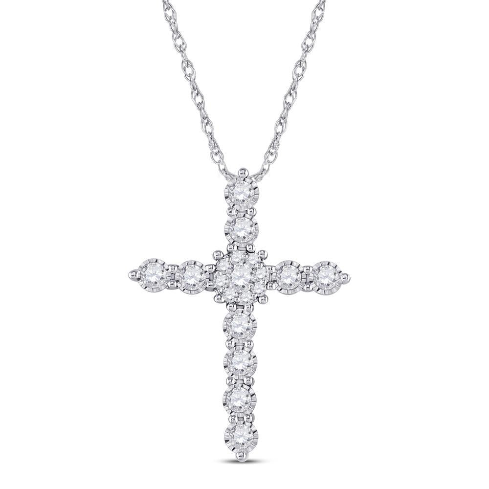 14kt White Gold Womens Round Diamond Cross Pendant 1/2 Cttw