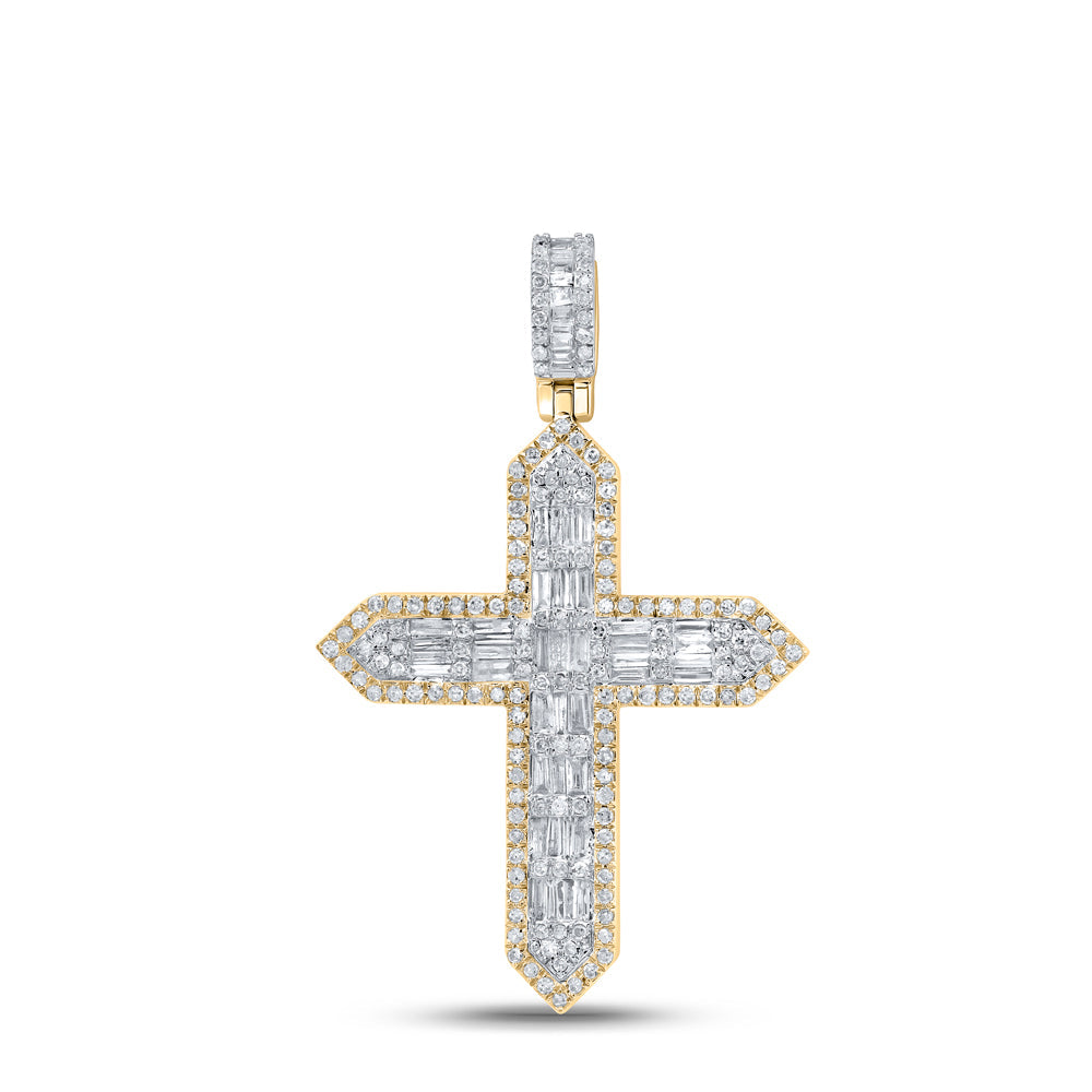 10kt Yellow Gold Mens Baguette Diamond Cross Charm Pendant 1 Cttw