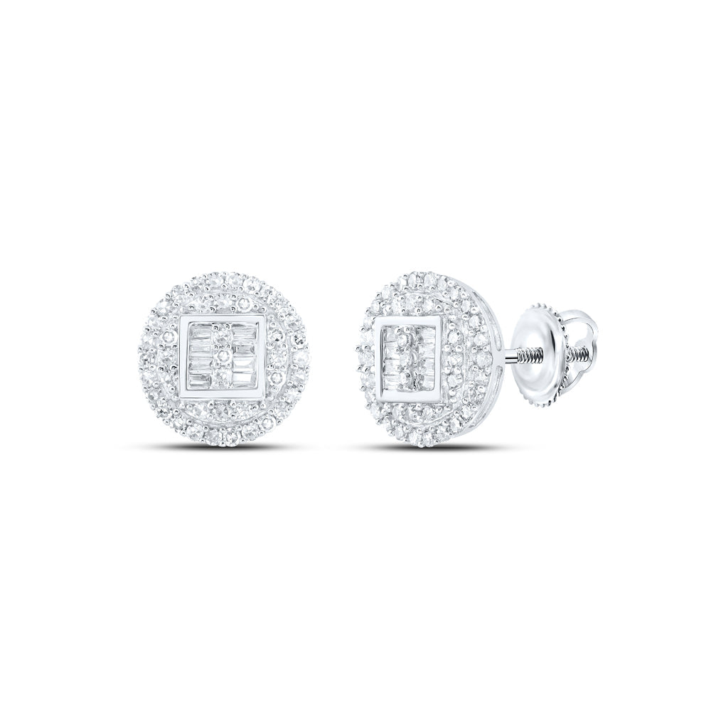 10kt White Gold Mens Baguette Diamond Circle Cluster Earrings 1/2 Cttw