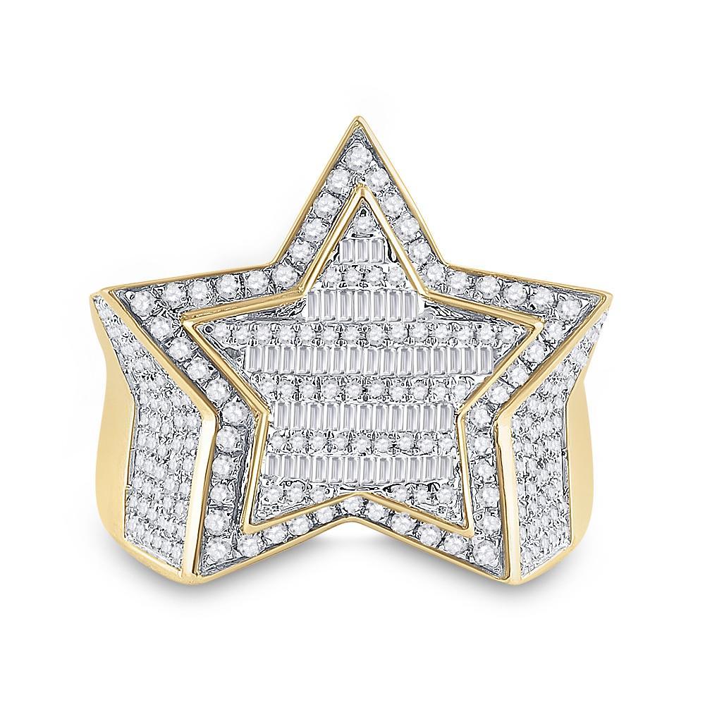 10kt Yellow Gold Mens Baguette Diamond Statement Star Ring 1-1/4 Cttw