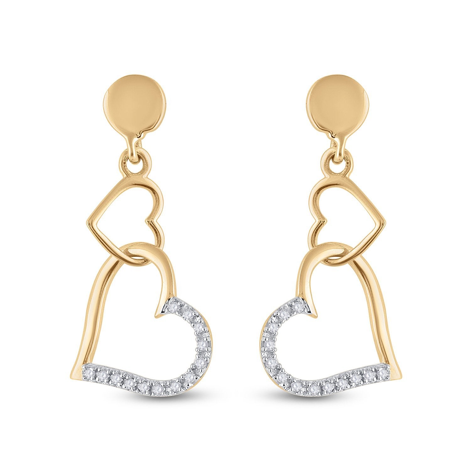 14kt Yellow Gold Womens Round Diamond Heart Dangle Earrings 1/10 Cttw