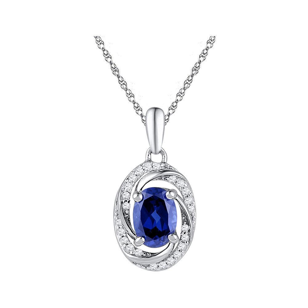 10kt White Gold Womens Oval Synthetic Blue Sapphire Solitaire Diamond Pendant 1-1/3 Cttw