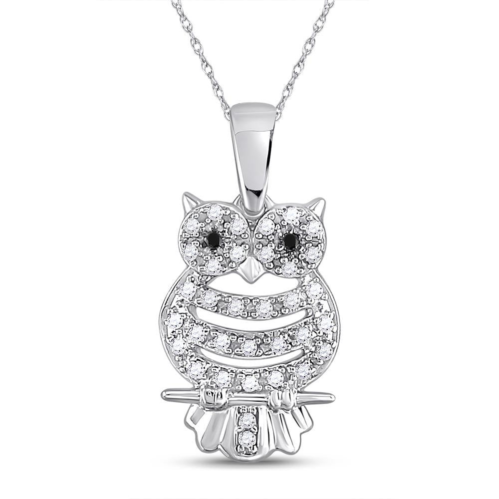 10kt White Gold Womens Round Black Color Enhanced Diamond Owl Bird Animal Pendant 1/6 Cttw