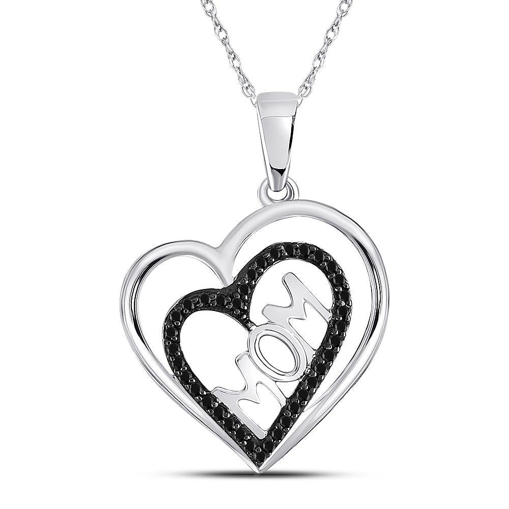 10kt White Gold Womens Round Black Color Enhanced Diamond Mom Heart Pendant 1/8 Cttw