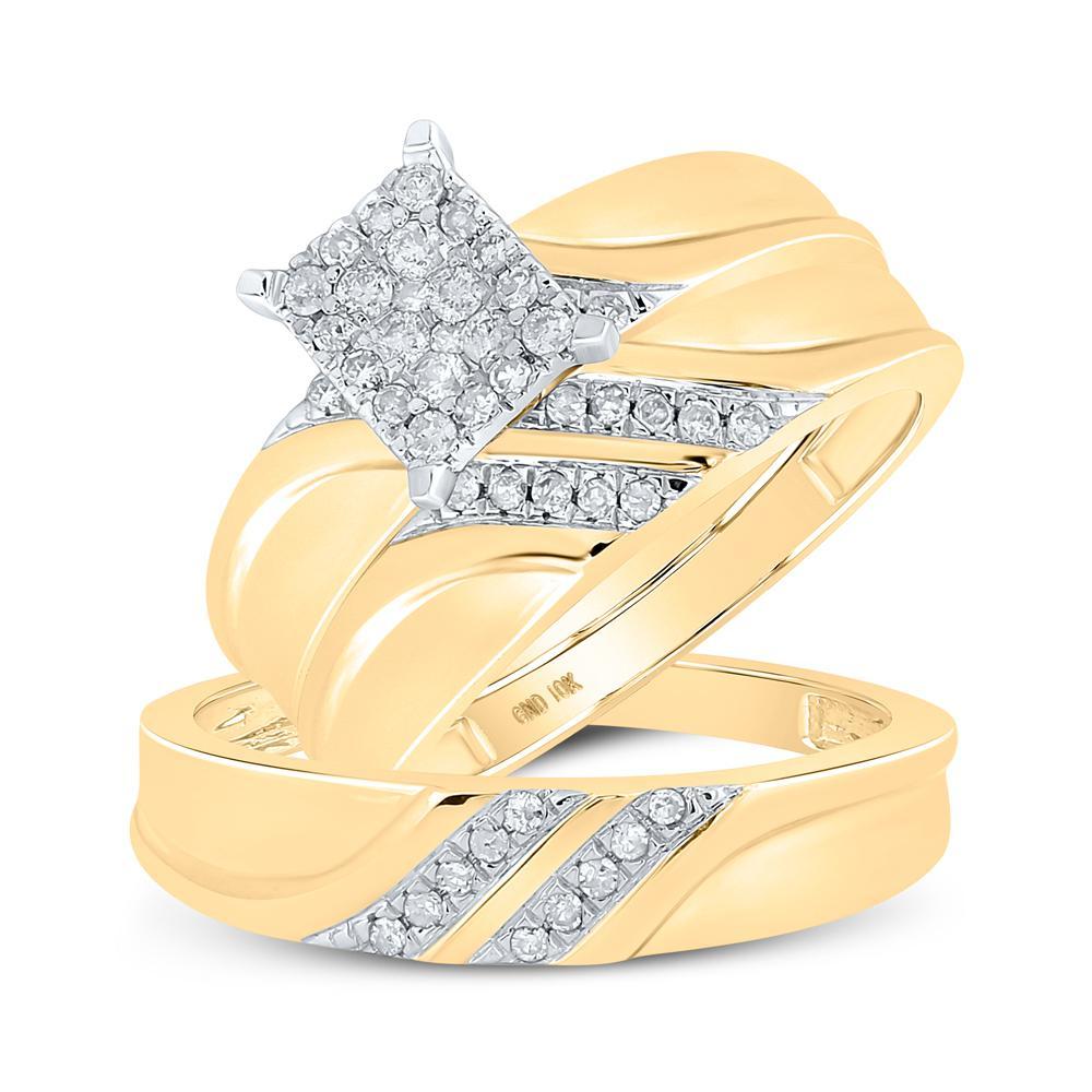 10k Yellow Gold Diamond Cluster Matching Trio His Hers Wedding Ring Band Set 1/3 Cttw