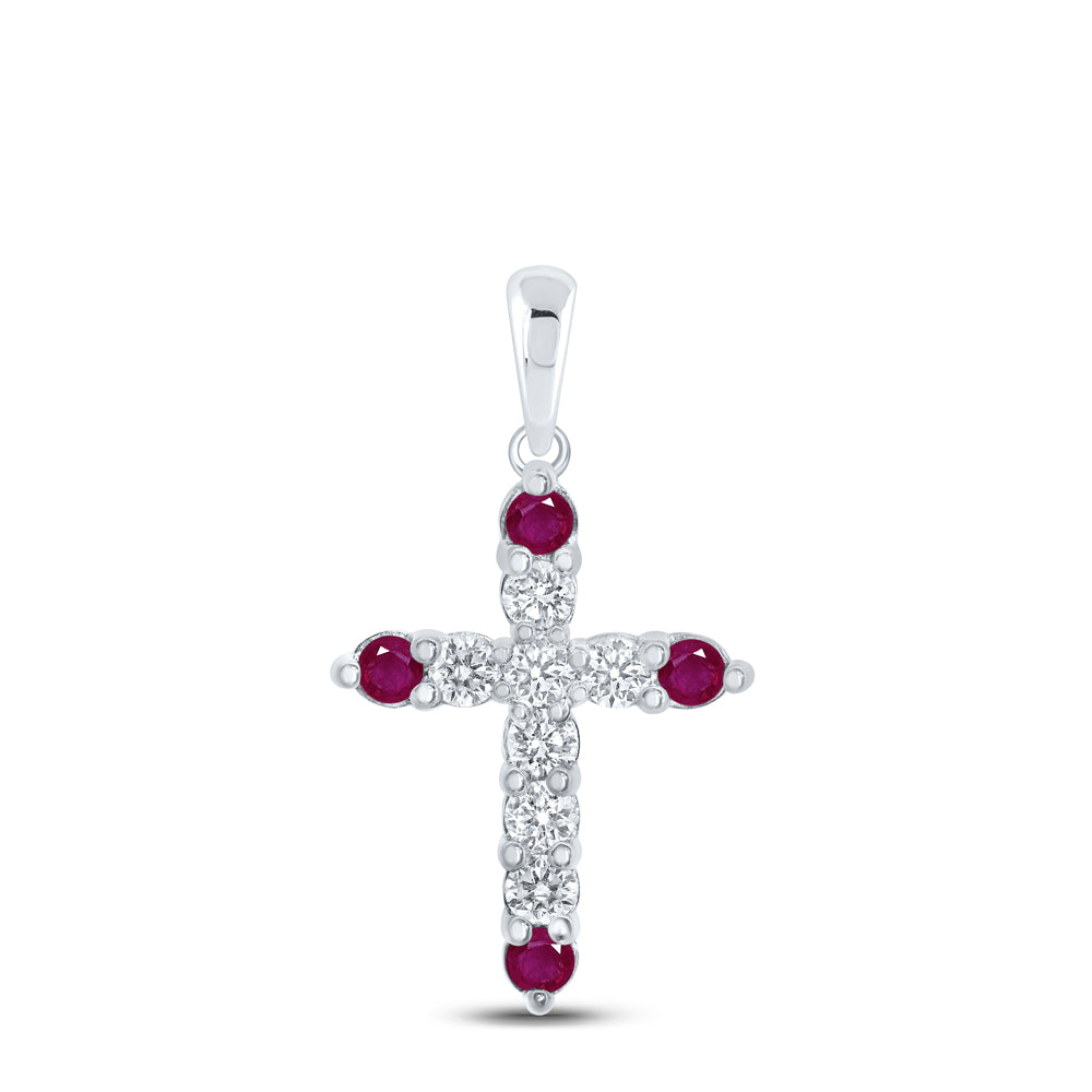 10kt White Gold Womens Round Ruby Diamond Cross Pendant 1/2 Cttw