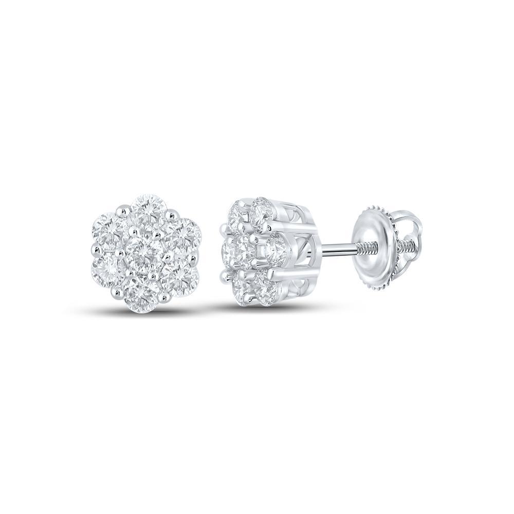 14kt White Gold Mens Round Diamond Flower Cluster Earrings 1/2 Cttw