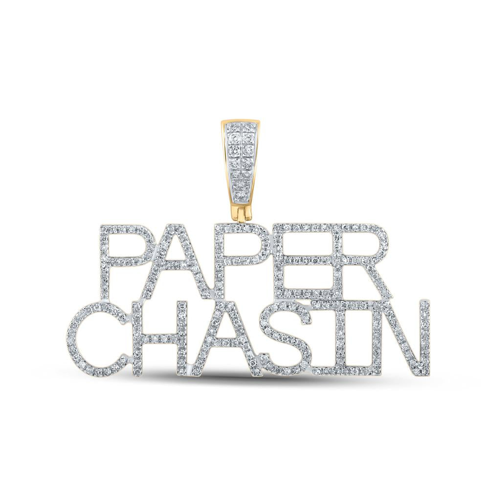 10kt Yellow Gold Mens Round Diamond Paper Chasin Phrase Charm Pendant 5/8 Cttw