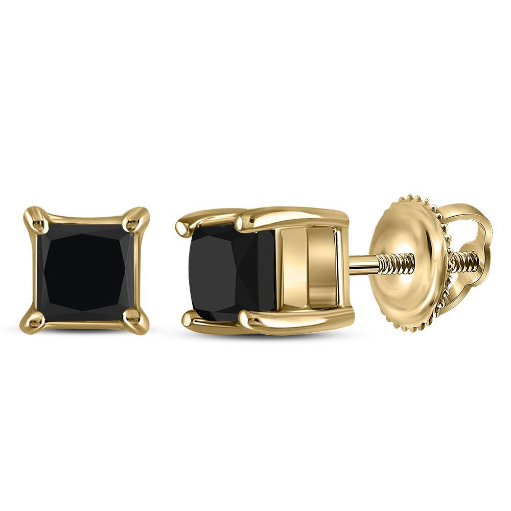 14kt Yellow Gold Womens Princess Black Color Enhanced Diamond Stud Earrings 1 Cttw