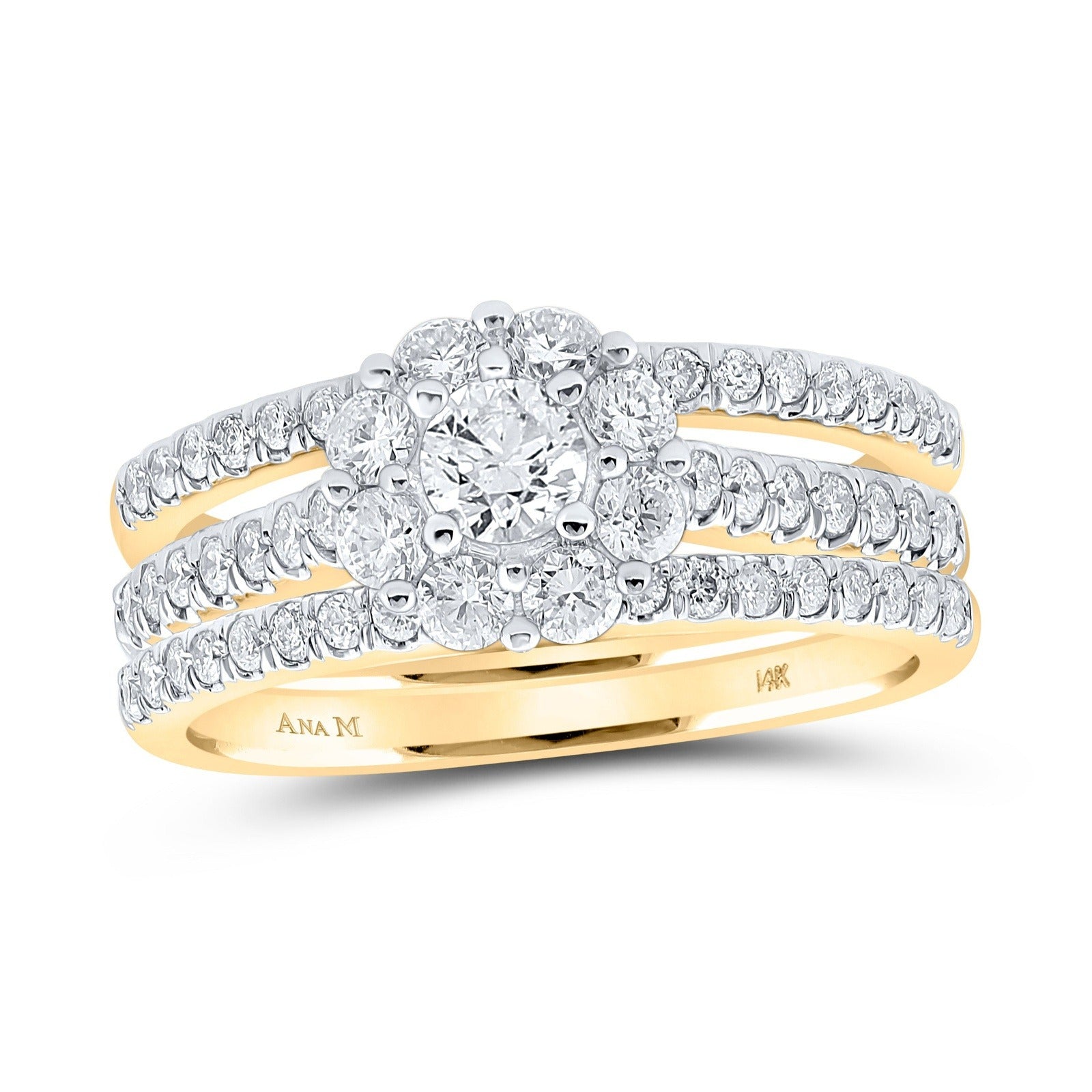 14kt Yellow Gold Round Diamond Halo Bridal Wedding Ring Band Set 1-1/4 Cttw