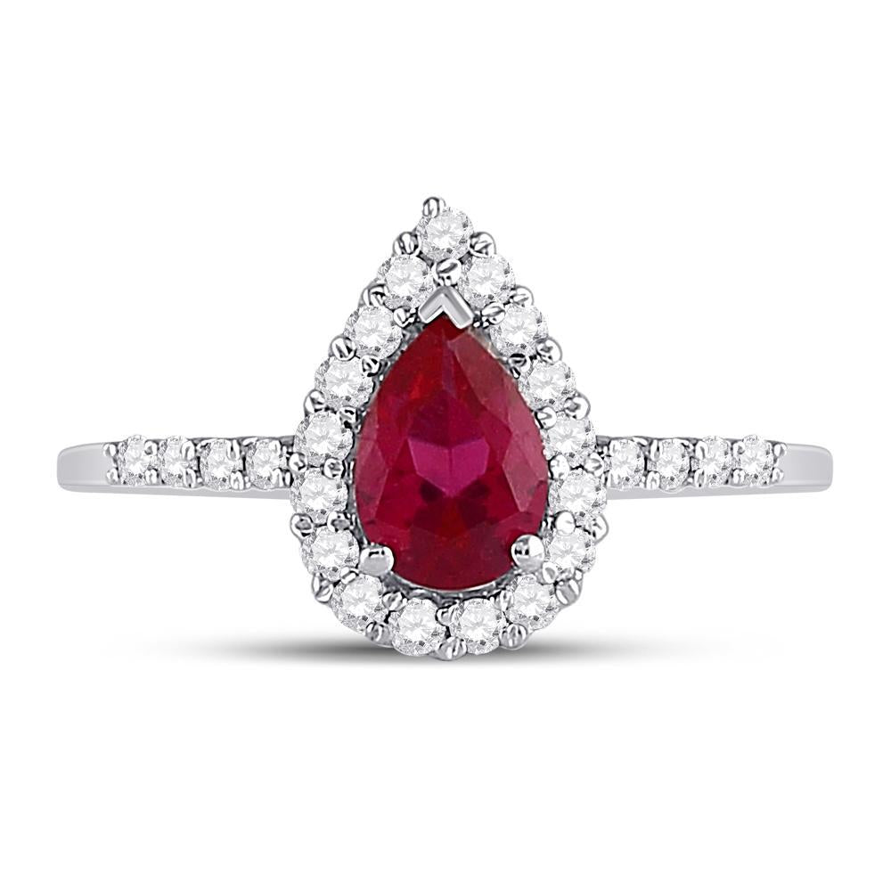 10kt White Gold Womens Pear Lab-Created Ruby Solitaire Diamond Frame Ring 1-1/5 Cttw