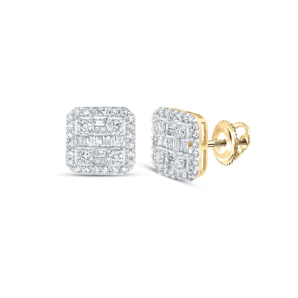 14kt Yellow Gold Mens Baguette Diamond Square Earrings 3/4 Cttw