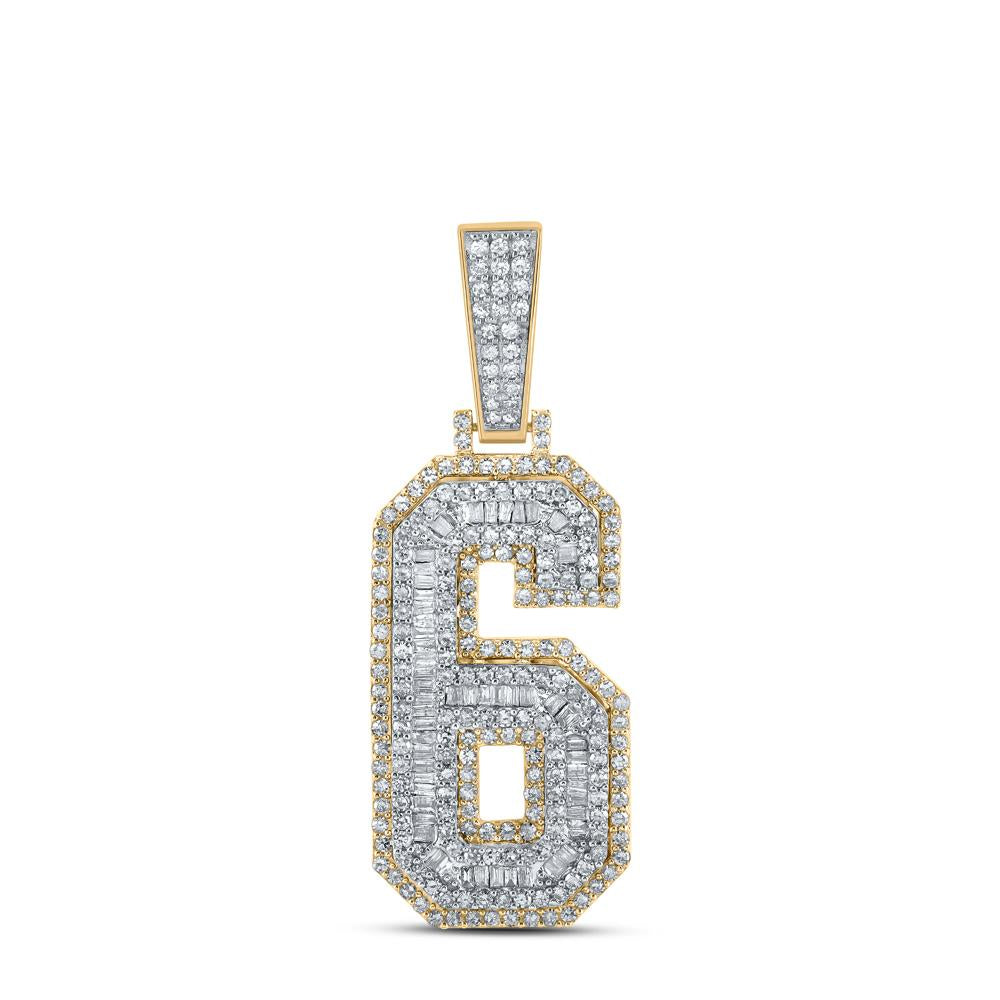 10kt Two-tone Gold Mens Baguette Diamond Number 6 Charm Pendant 1-5/8 Cttw