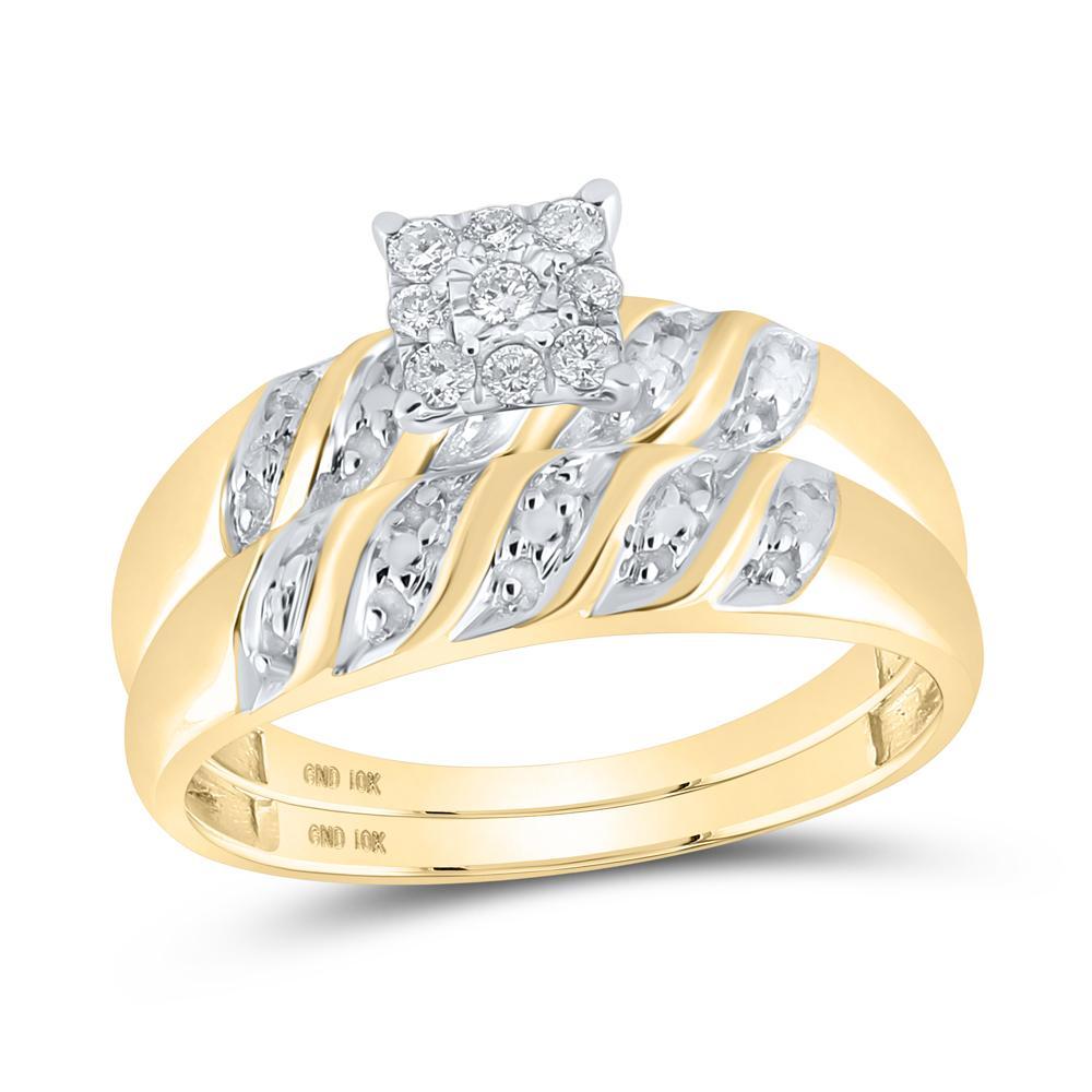 10kt Yellow Gold His Hers Round Diamond Cluster Matching Wedding Set 1/8 Cttw