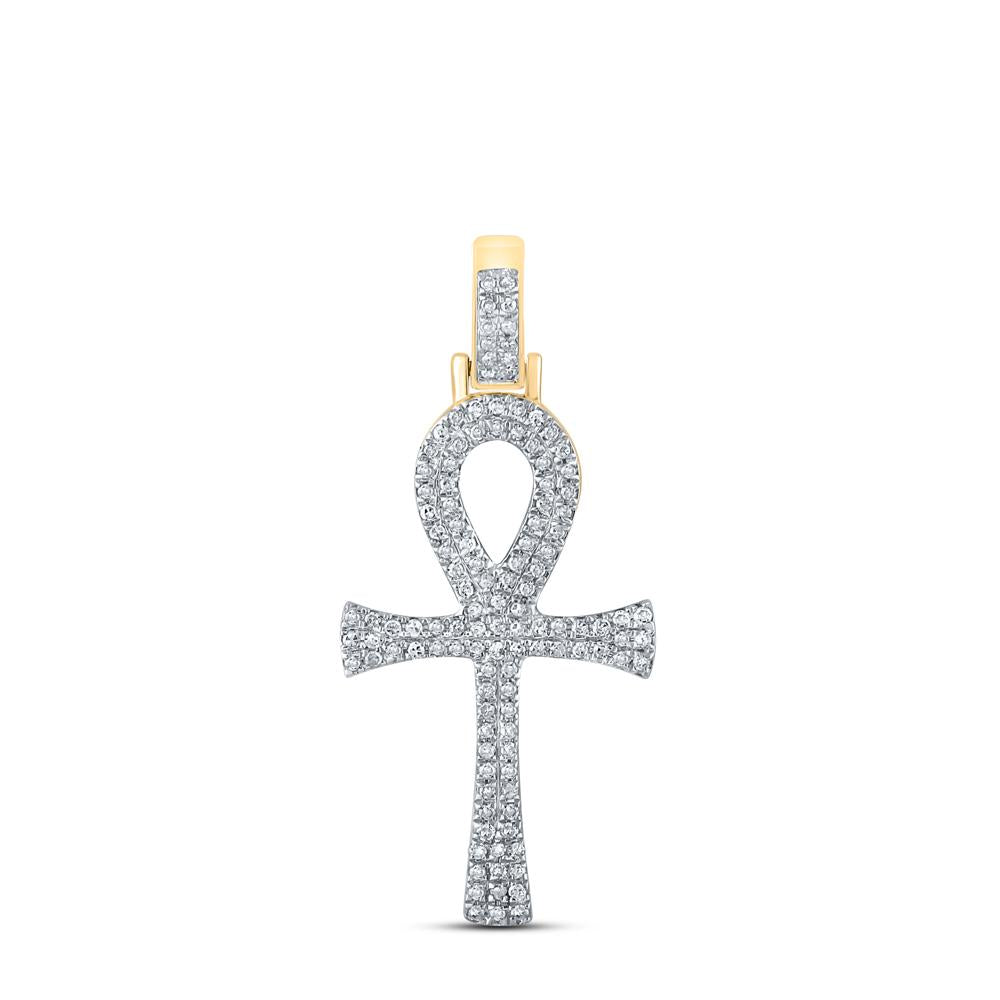 10kt Yellow Gold Mens Round Diamond Ankh Cross Charm Pendant 1/3 Cttw