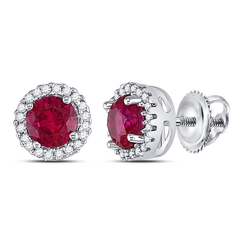 Sterling Silver Womens Round Lab-Created Ruby Solitaire Stud Earrings 1-1/3 Cttw