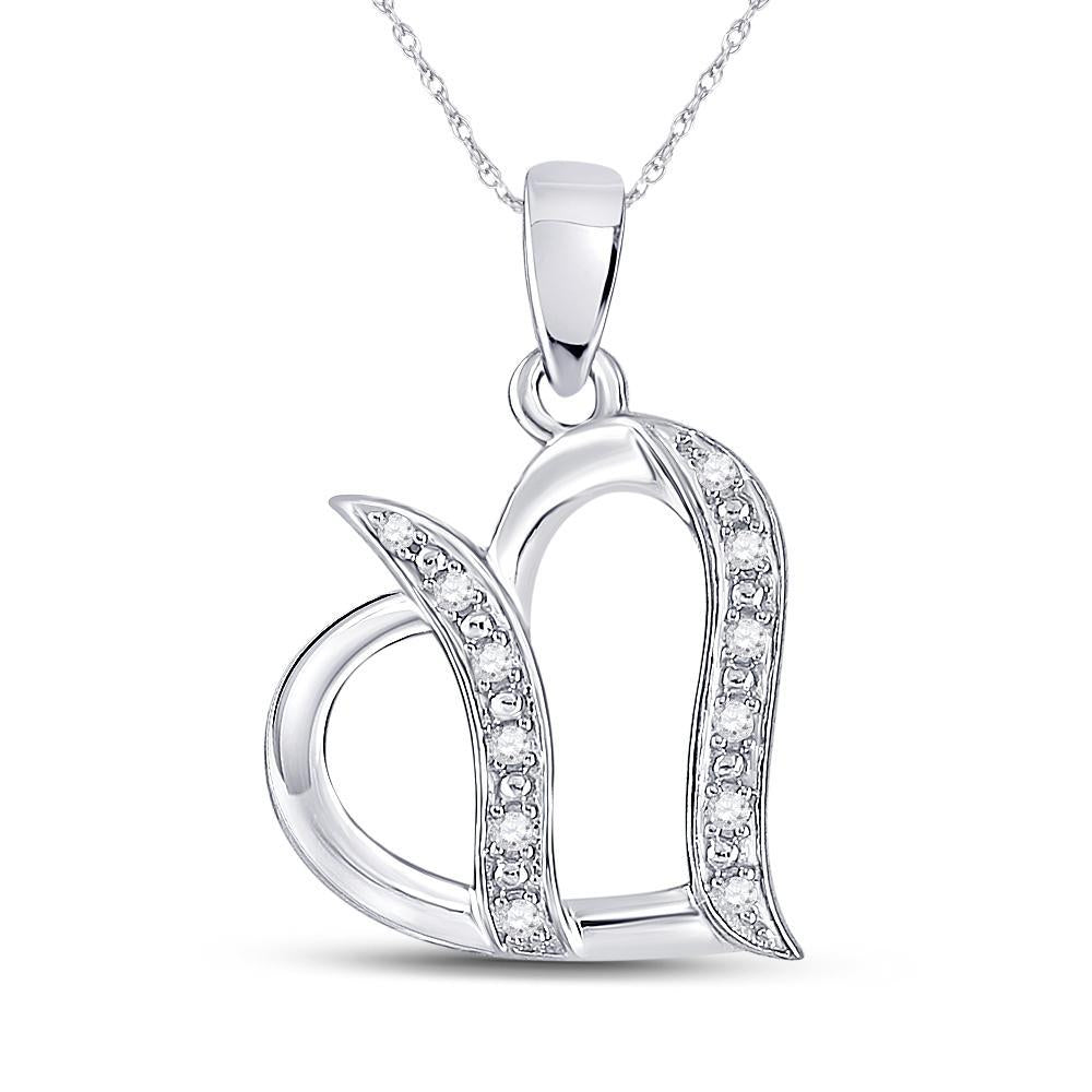 Sterling Silver Womens Round Diamond Heart Pendant 1/10 Cttw