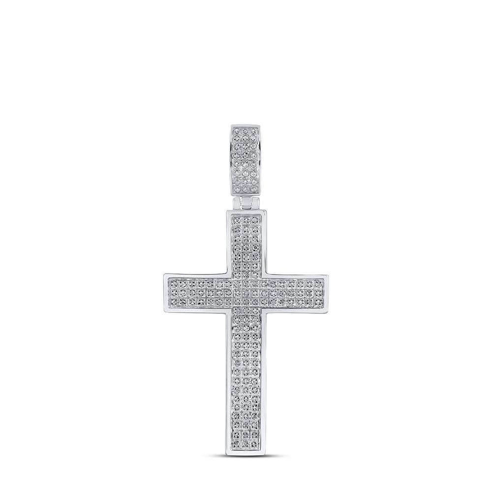 10kt White Gold Mens Round Diamond Cross Charm Pendant 1/2 Cttw