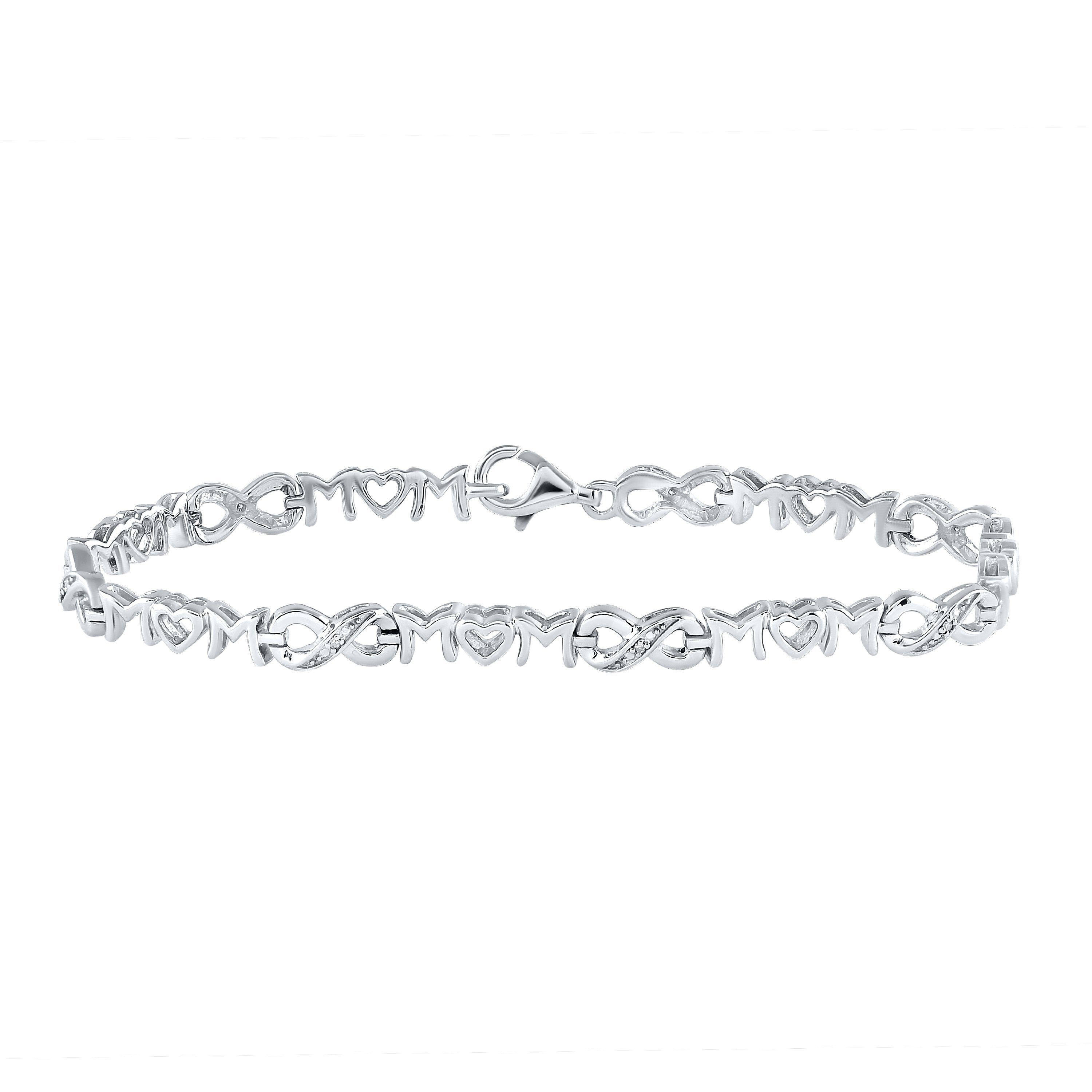 Sterling Silver Womens Round Diamond Mom Heart Link Bracelet .03 Cttw