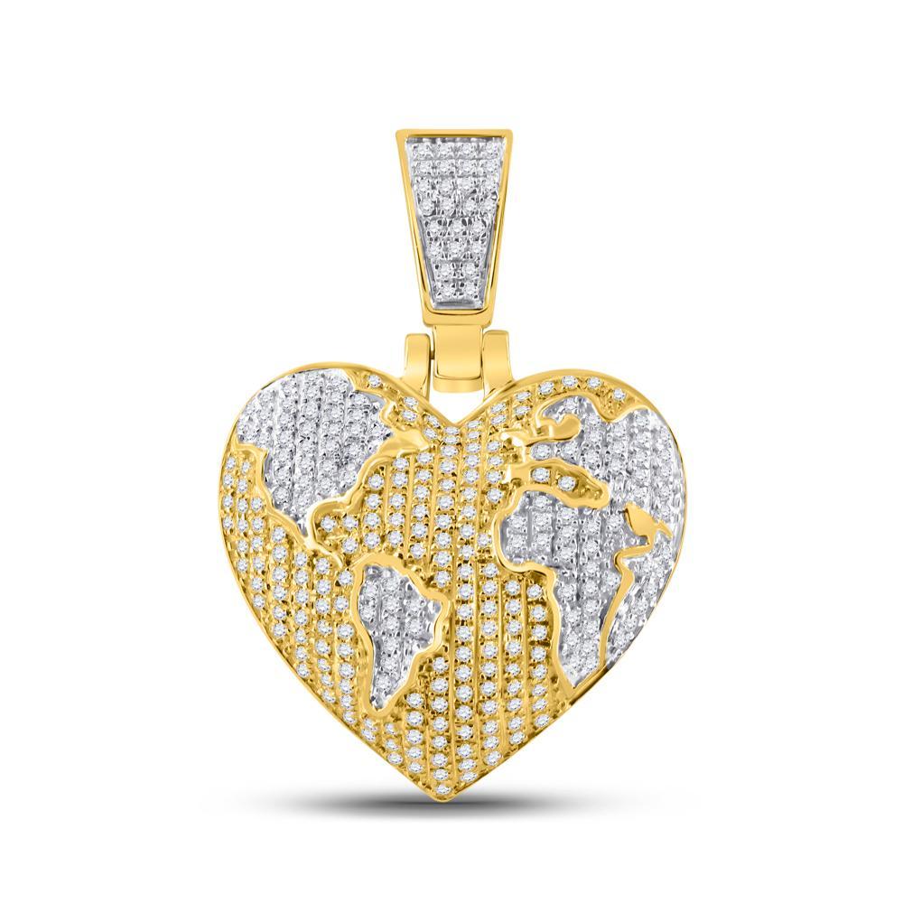 10kt Yellow Gold Mens Round Diamond Map Heart Charm Pendant 3/4 Cttw