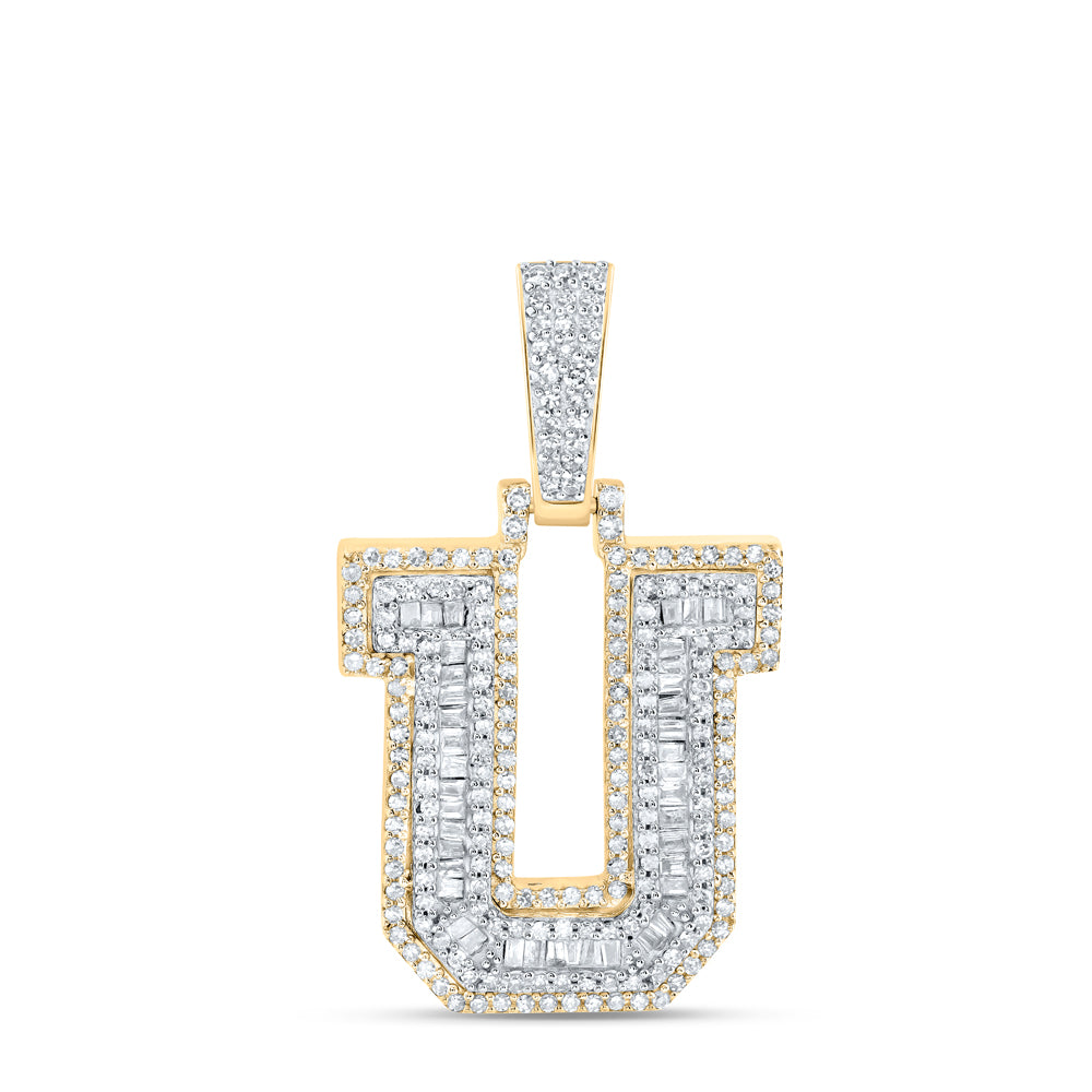 10kt Yellow Gold Mens Baguette Diamond U Initial Letter Charm Pendant 5/8 Cttw