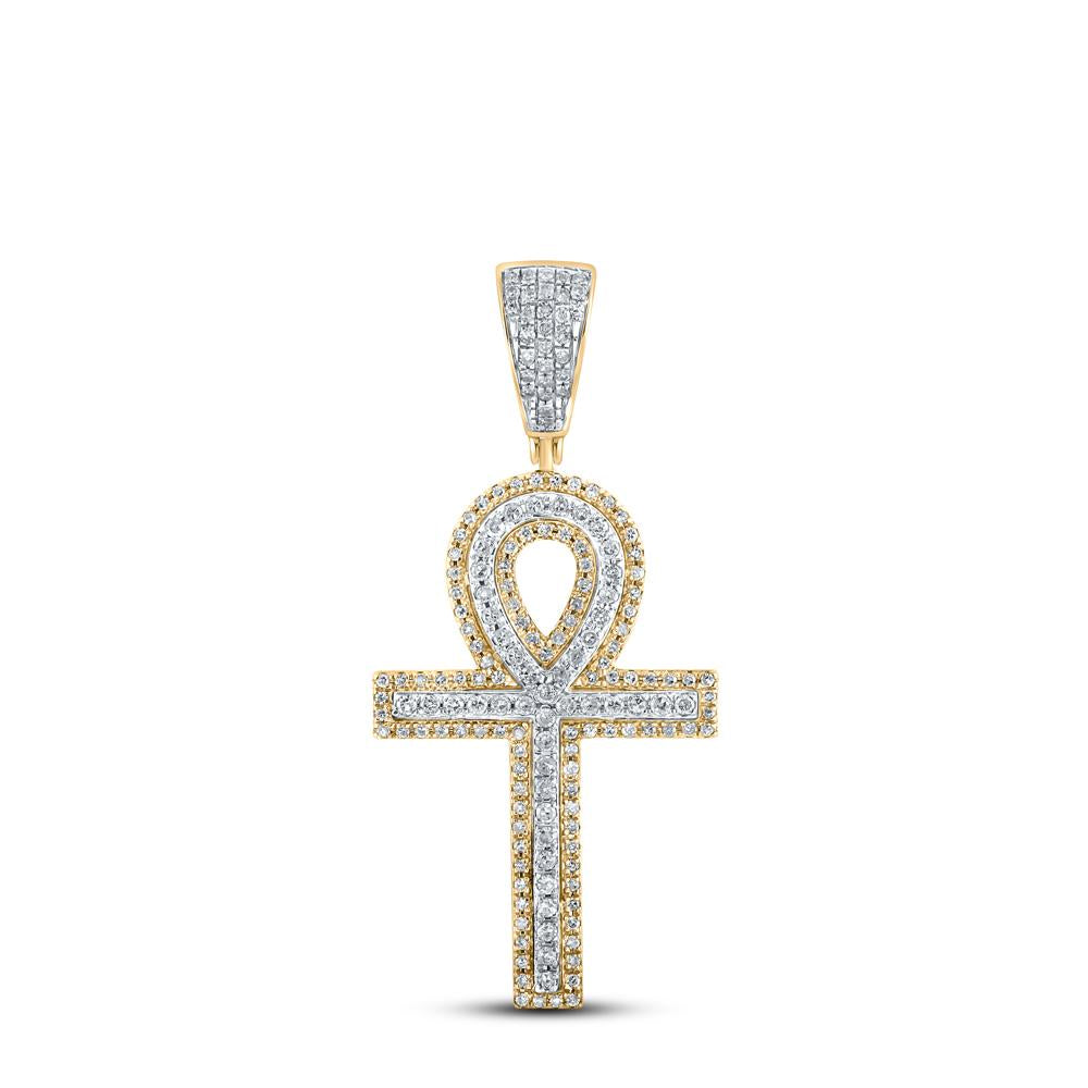 10kt Yellow Gold Mens Round Diamond Ankh Cross Charm Pendant 7/8 Cttw