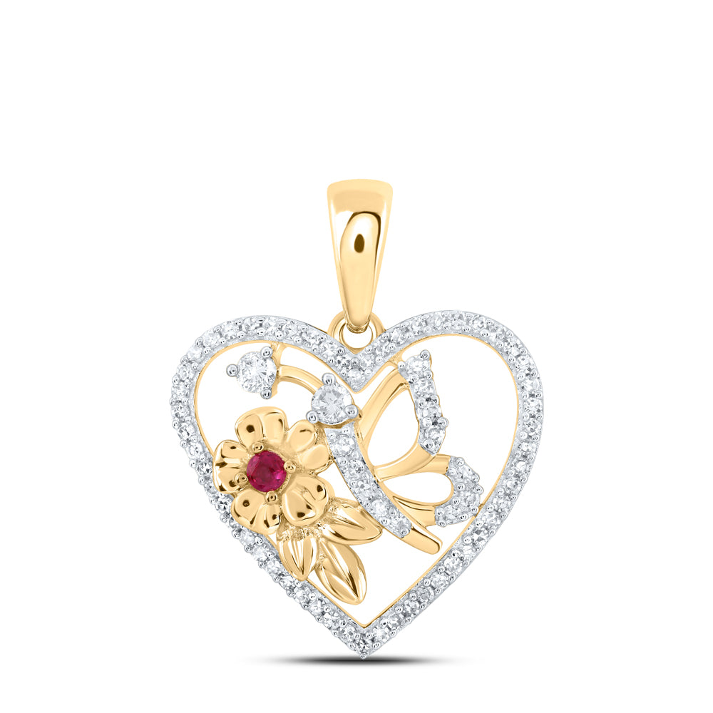 10kt Yellow Gold Womens Round Ruby Diamond Butterfly Heart Pendant 1/5 Cttw