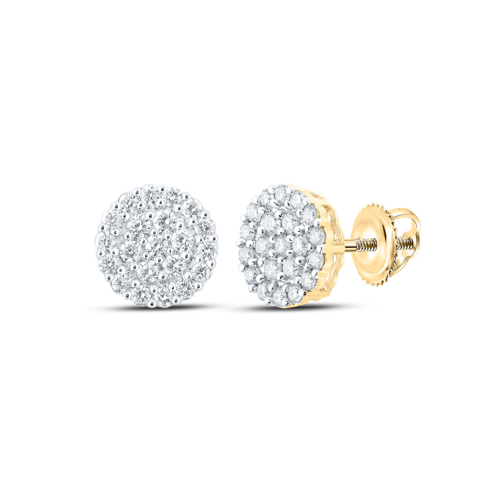 14kt Yellow Gold Mens Round Diamond Cluster Earrings 1-1/4 Cttw
