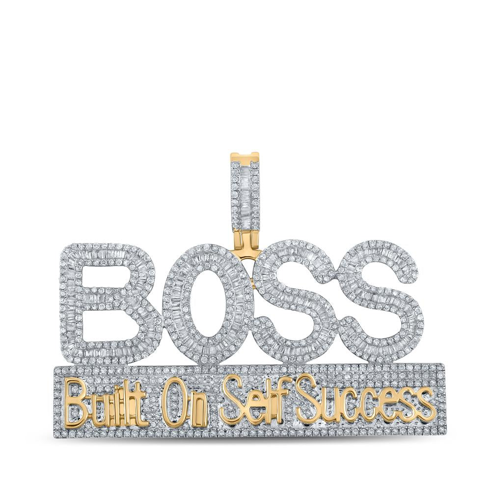 10kt Yellow Gold Mens Baguette Diamond BOSS Phrase Charm Pendant 2-3/8 Cttw