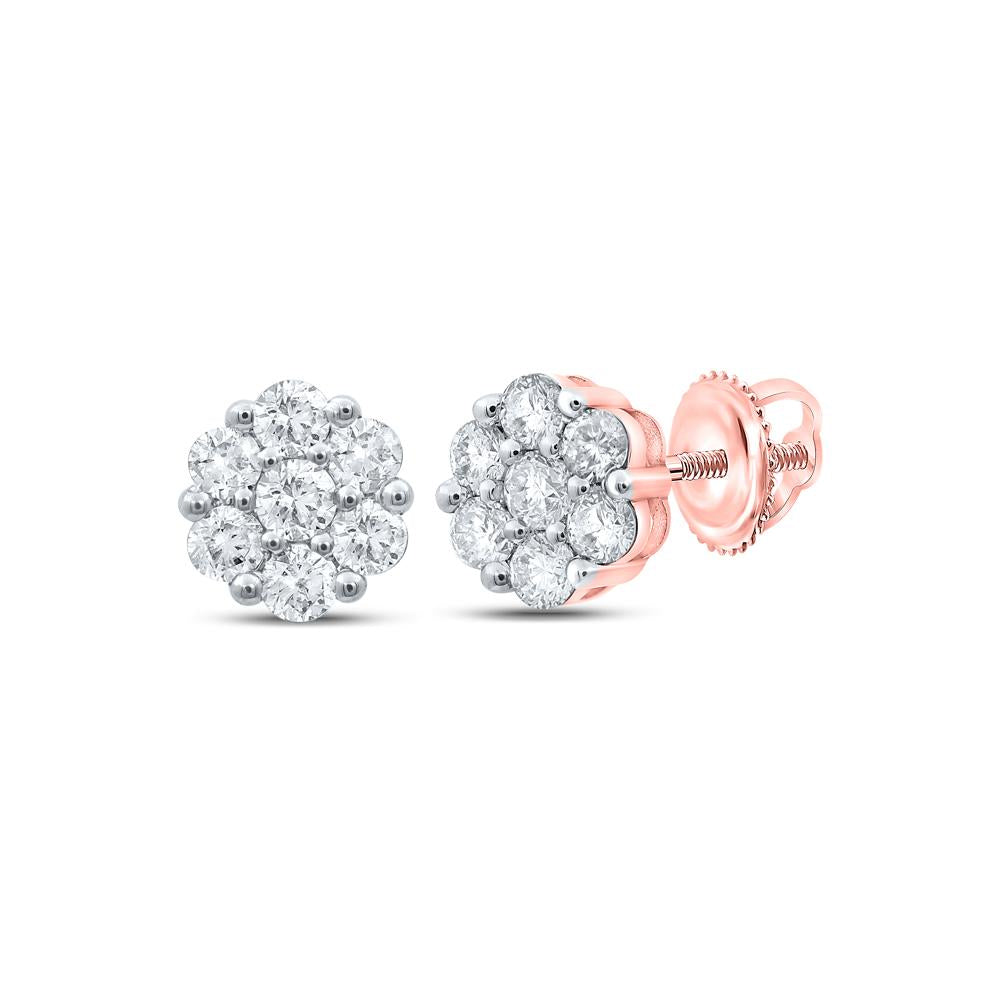 10kt Rose Gold Womens Round Diamond Flower Cluster Earrings 1 Cttw