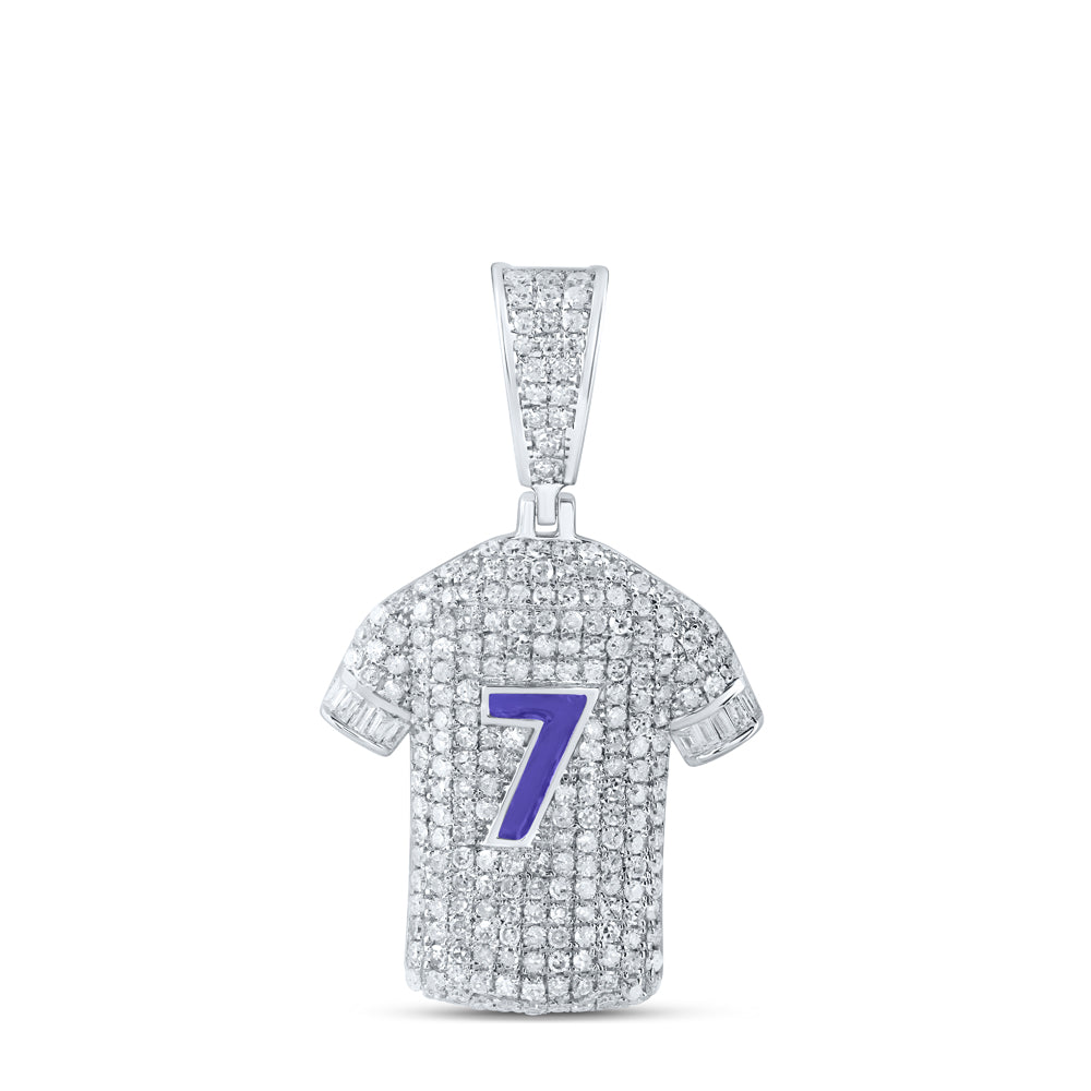 Sterling Silver Mens Baguette Diamond Number 7 Jersey Charm Pendant 1-1/4 Cttw