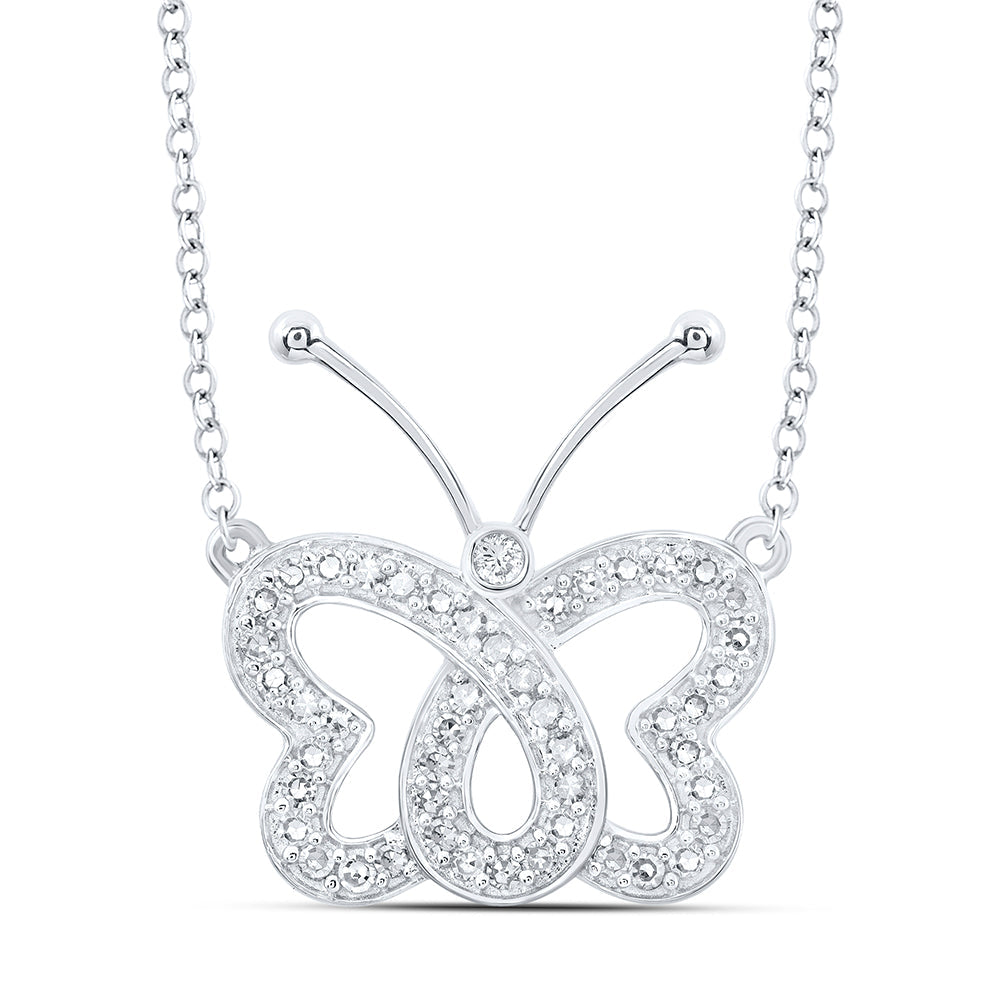 10kt White Gold Womens Round Diamond Butterfly Necklace 1/4 Cttw