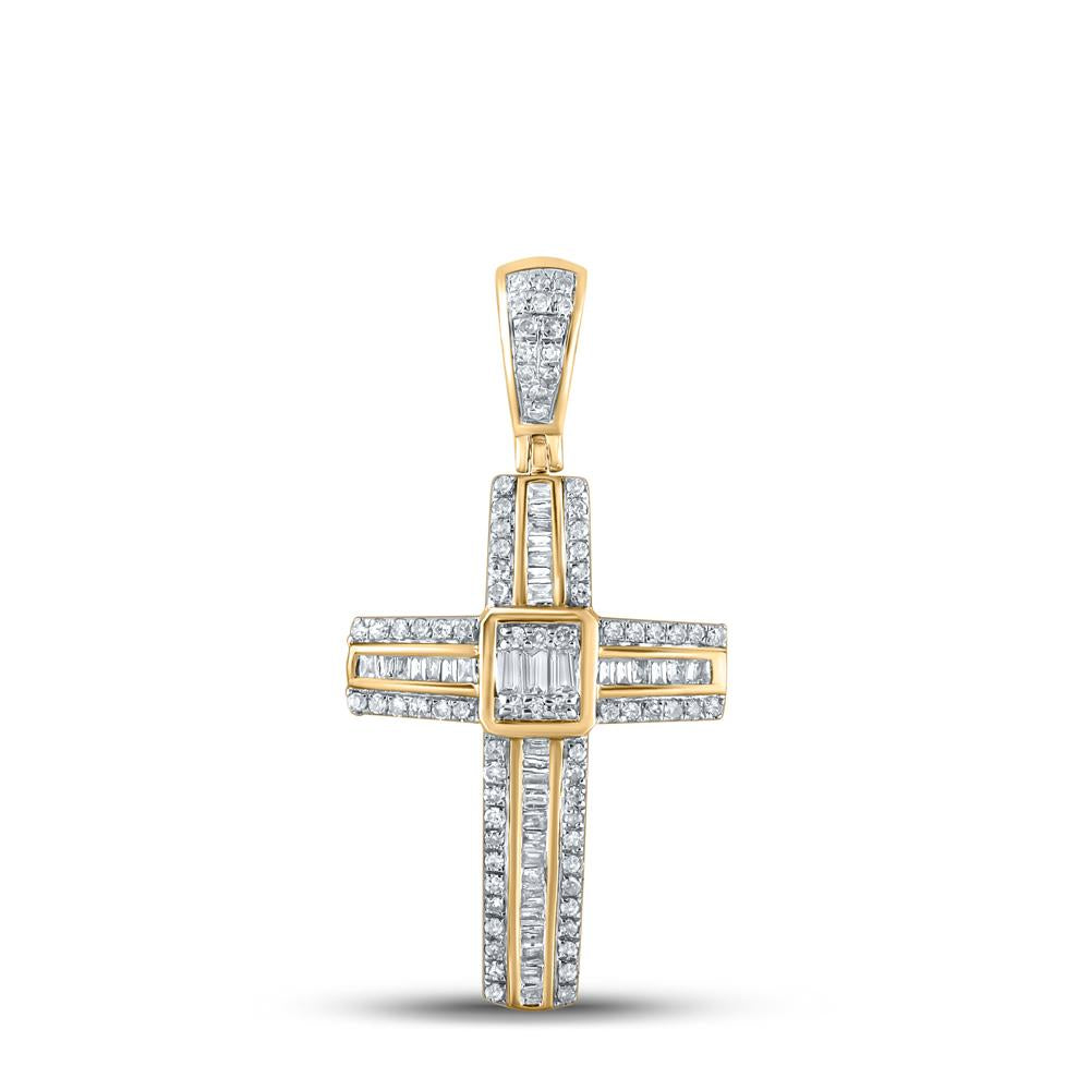 10kt Yellow Gold Mens Baguette Diamond Cross Charm Pendant 1/2 Cttw