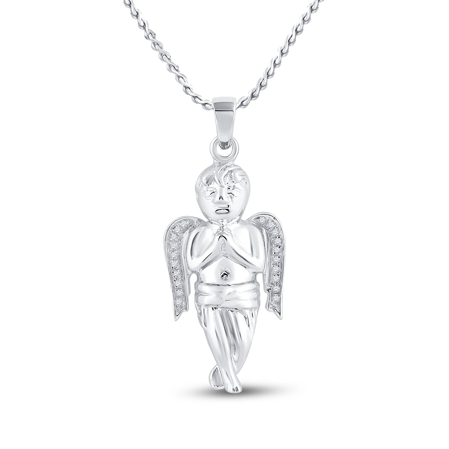 Sterling Silver Mens Round Diamond Angel Charm Pendant 1/20 Cttw