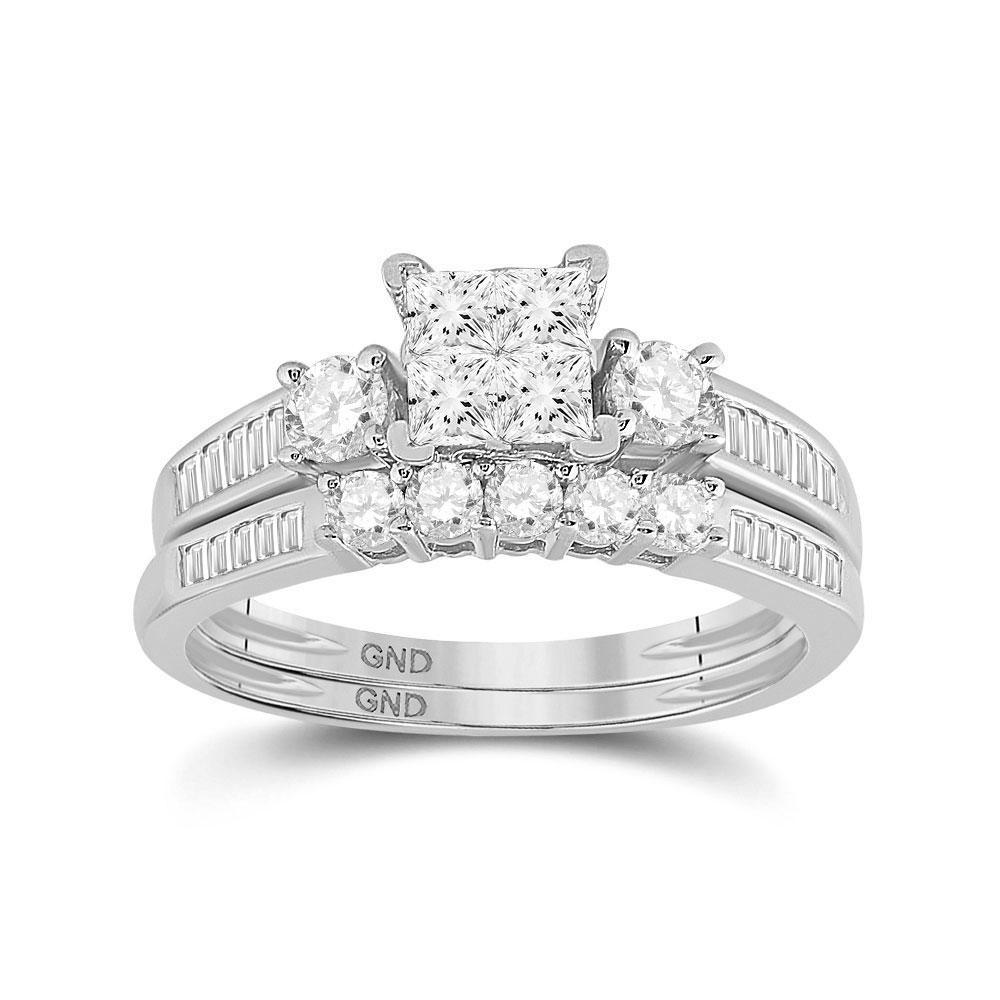 14kt White Gold Princess Diamond Bridal Wedding Ring Band Set 1 Cttw