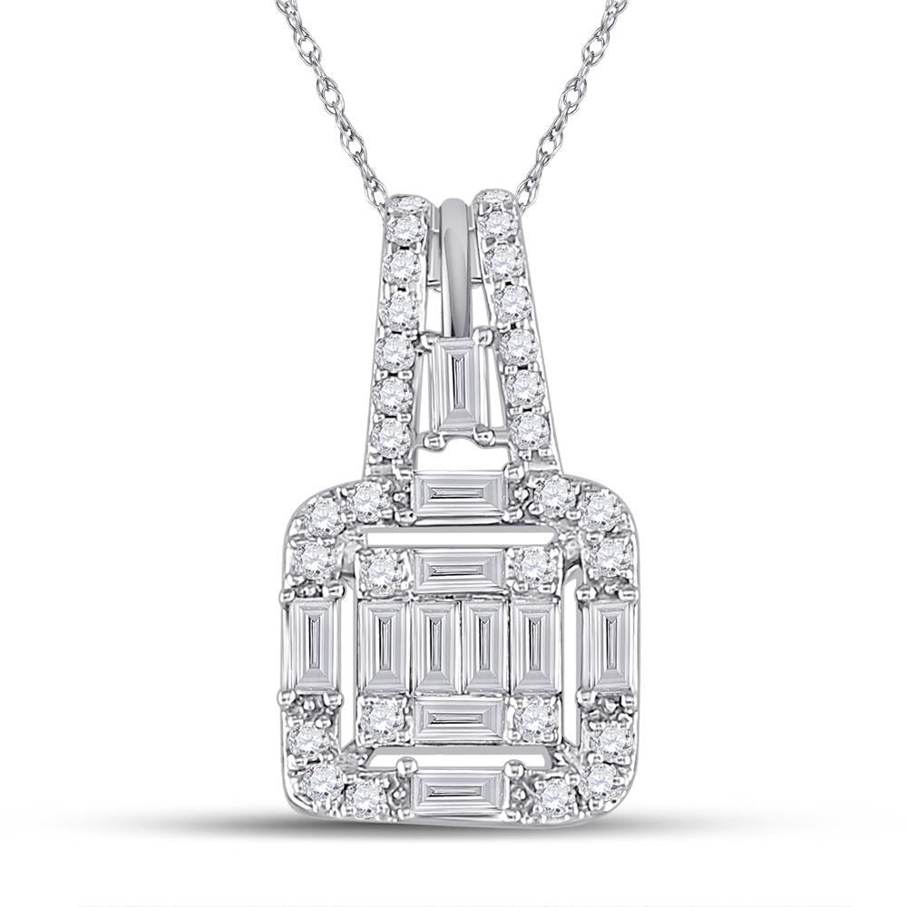 14kt White Gold Womens Baguette Diamond Square Pendant 3/8 Cttw