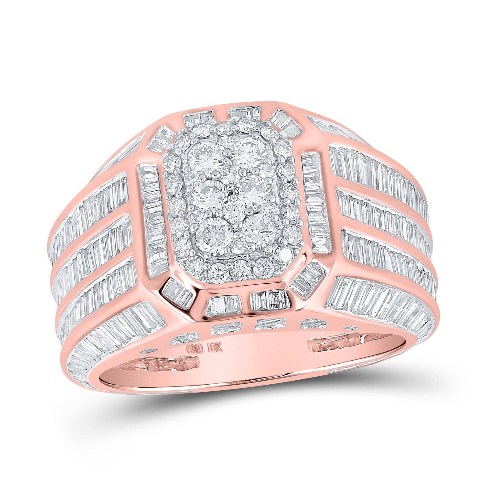 10kt Rose Gold Mens Baguette Diamond Rectangle Cluster Ring 4-3/4 Cttw