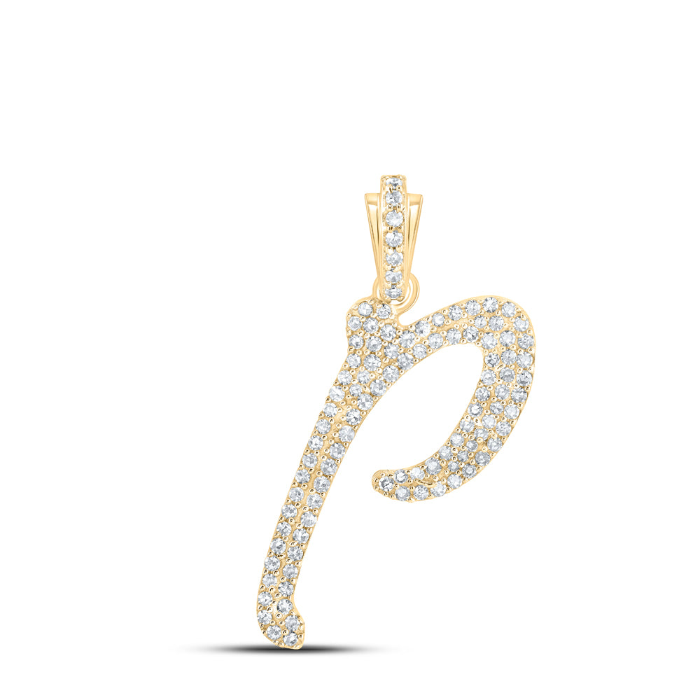 10kt Yellow Gold Womens Round Diamond P Cursive Initial Letter Pendant 3/8 Cttw