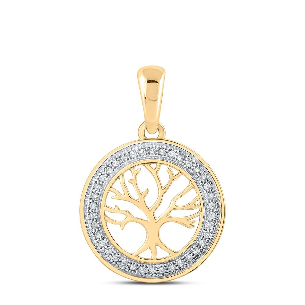 10kt Yellow Gold Womens Round Diamond Tree of Life Circle Pendant 1/10 Cttw