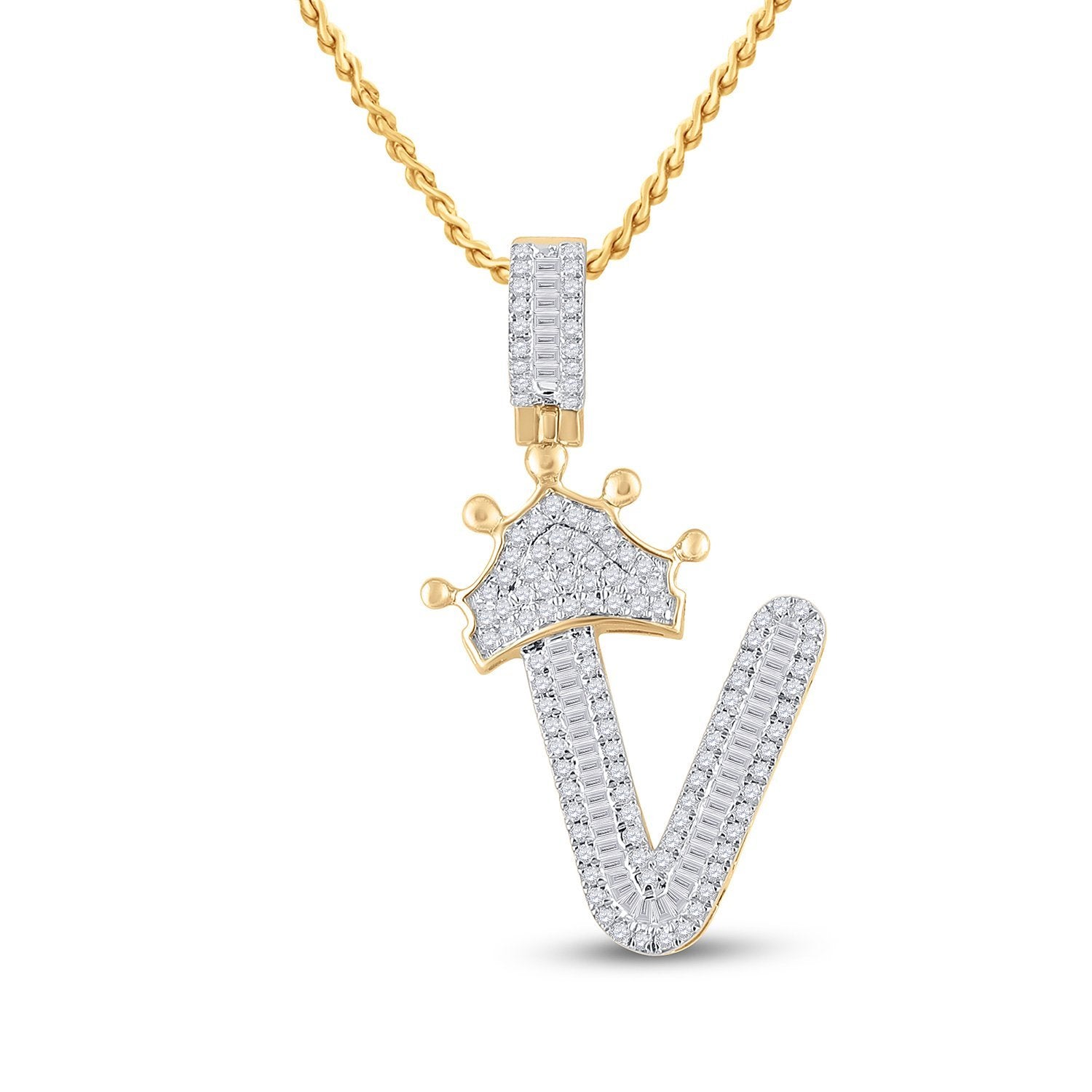 10kt Yellow Gold Mens Baguette Diamond Crown V Letter Charm Pendant 5/8 Cttw