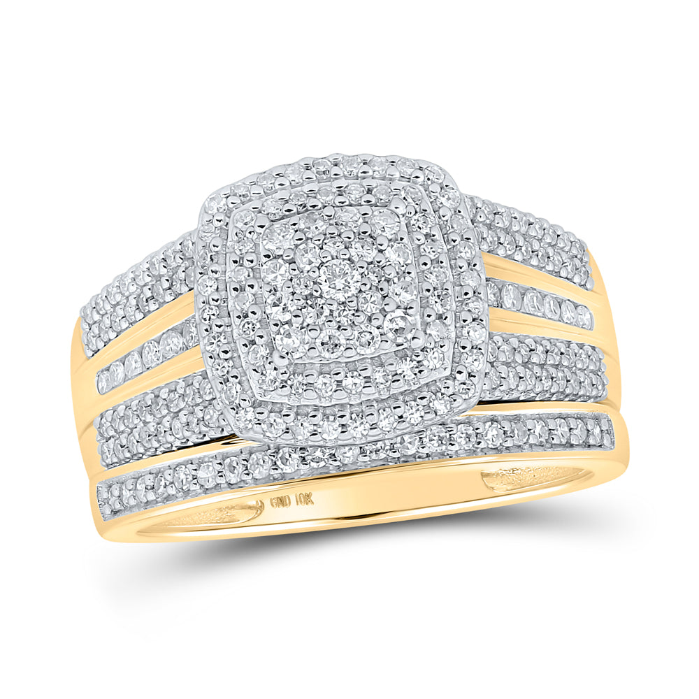10kt Yellow Gold His Hers Round Diamond Cluster Matching Wedding Set 3/4 Cttw