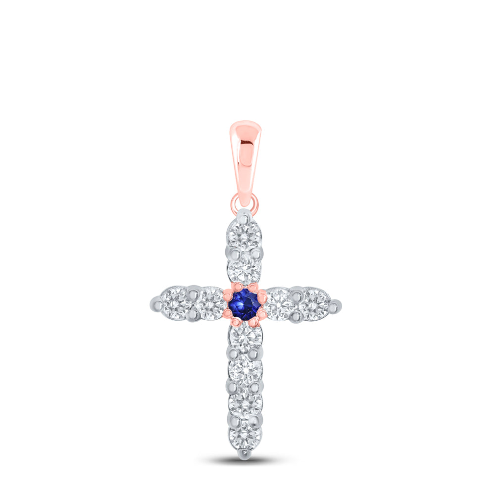 10kt Rose Gold Womens Round Blue Sapphire Diamond Cross Pendant 1/2 Cttw