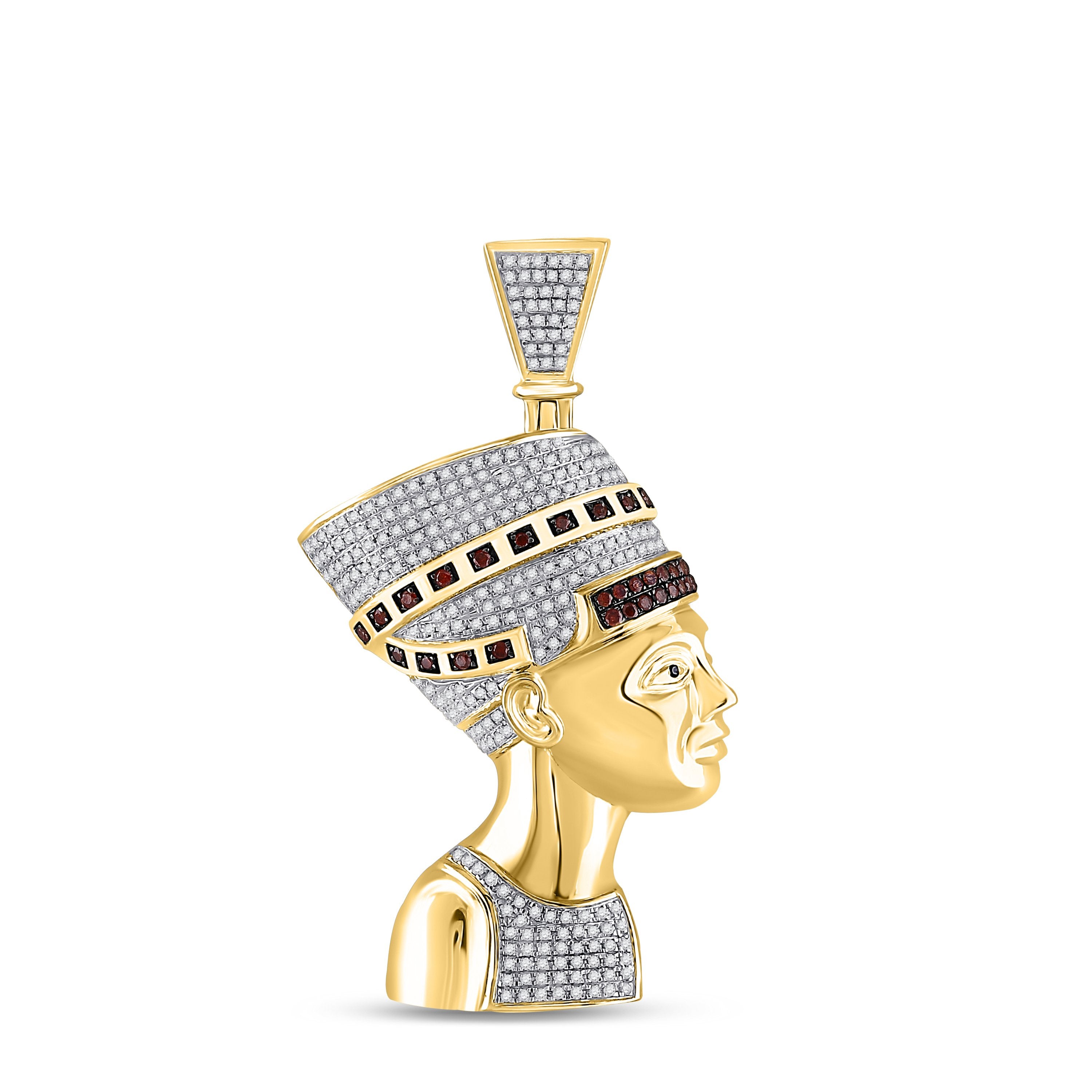 10kt Yellow Gold Mens Round Red Color Enhanced Diamond Pharaoh Nefertiti Pendant 1 Cttw