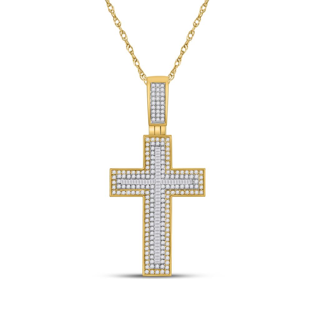 10kt Yellow Gold Mens Baguette Diamond Cross Charm Pendant 1-1/2 Cttw
